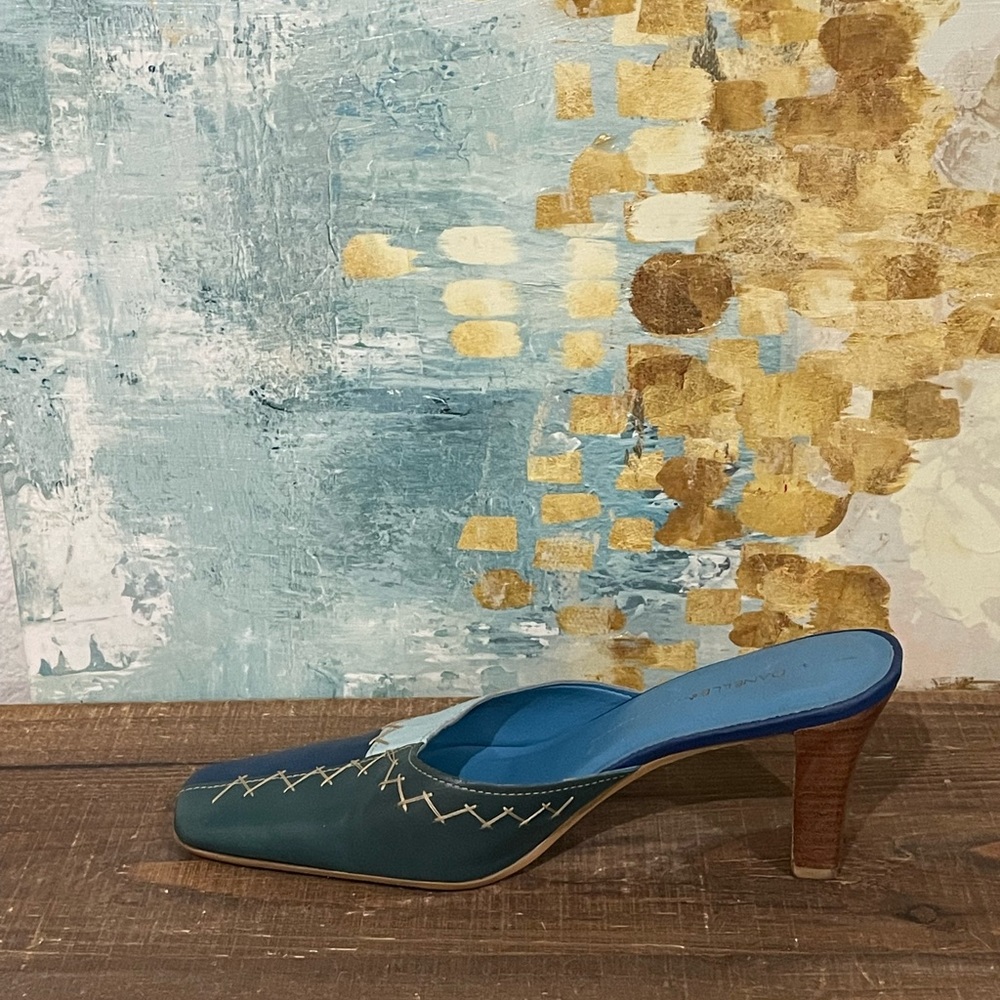 Danelle Blue Patchwork Square Toe Mule Heels - image 6